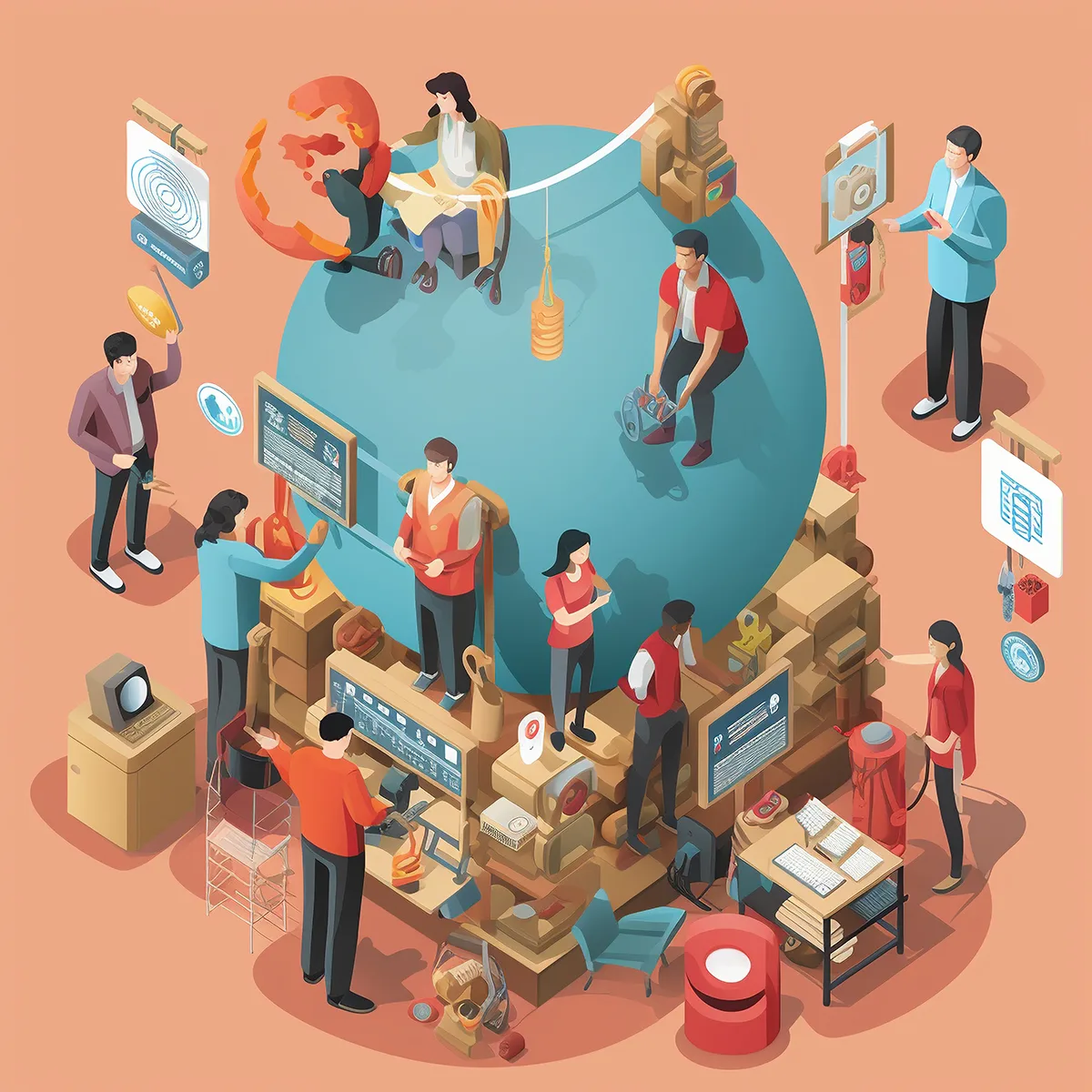 3d cartoon scene depicting variety people multitasking copy